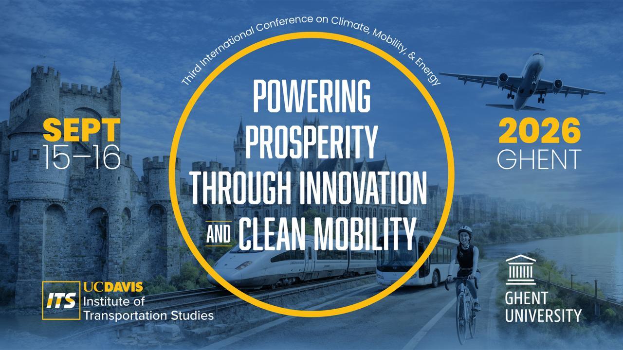 Conference graphic: blue circular badge reading event title, city skyline, airplane and wind turbine.